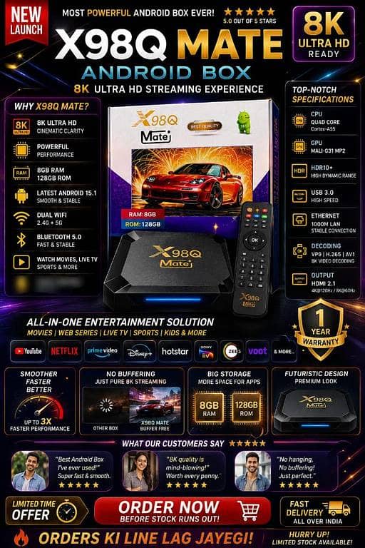 X98Q Mate Android TV Box 8GB RAM 128GB ROM | 8K Ultra HD | Android 15.1 | Dual WiFi 2.4G+5G | Smart TV Box | Netflix YouTube Disney+ Support | HDR | High Speed Streaming Device