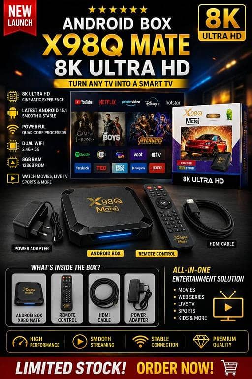 X98Q Mate Android TV Box 8GB RAM 128GB ROM | 8K Ultra HD | Android 15.1 | Dual WiFi 2.4G+5G | Smart TV Box | Netflix YouTube Disney+ Support | HDR | High Speed Streaming Device