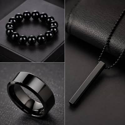 Modern Men's Jewelry Set Black Ring Bracelet Pendant