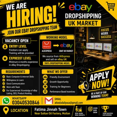eBay UK Dropshipping Jobs – Entry Level & Experienced | Multan