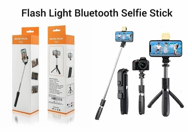 R1S 3-in-1 Bluetooth Selfie Stick with Tripod & Flash Light | Foldable Extendable Selfie Rod with Wireless Remote for Android, iPhone & Action Cameras
