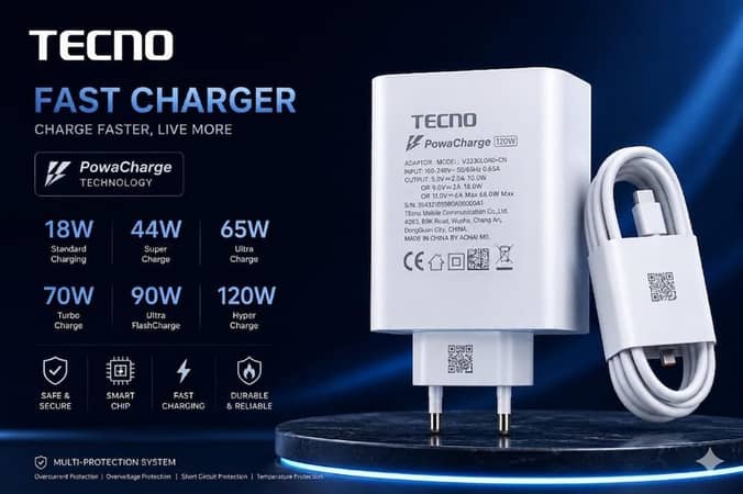 Original TECNO 120W Super Fast Charger Adapter with Type-C Cable | Genuine Premium Flash Charging for all Tecno Type-C Models (POVA, Camon, Spark Series) | 120Watt Ultra Rapid Wall Charger