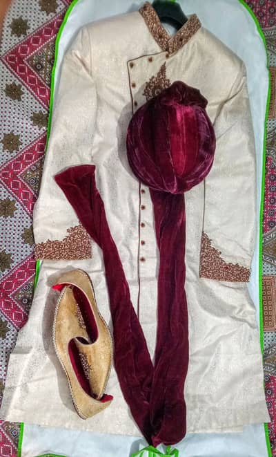 Elegant Groom Sherwani Set – Cream & Maroon, Used Once