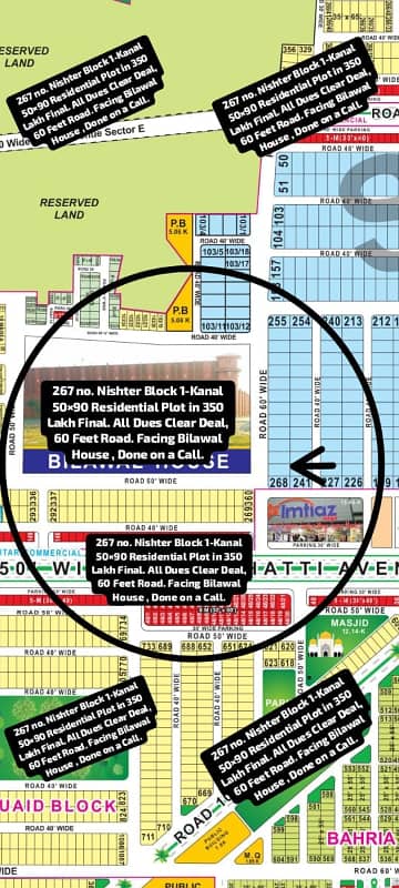 267 No. Nishter Block 1-Kanal (50 By 90) Residential Plot In 350 Lakh Final. All Dues Clear Deal, 60 Feet Road. Best Location For Constructing Your Dream House In Bahria Town Lahore.