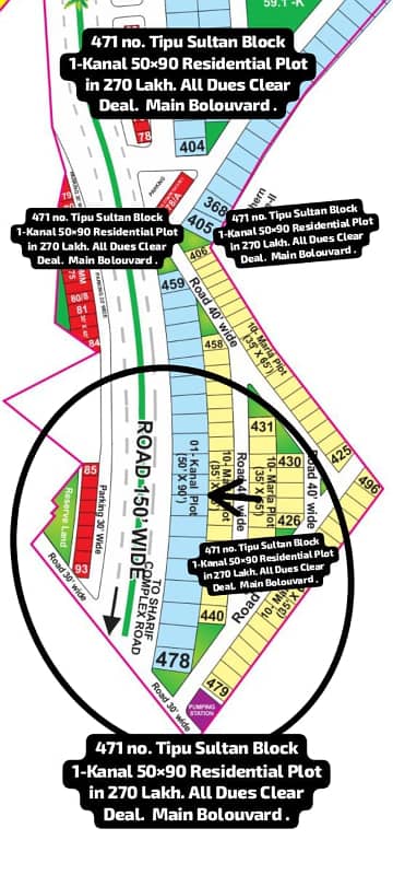 471 No. Tipu Sultan Block 20-Marla 50 Feet Road Residential Plot In 270 Lakh. All Dues Clear Deal, Best Location For Constructing Your Dream House In Bahria Town Lahore
