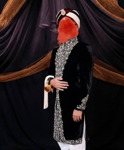 Royal Black Velvet Groom Sherwani with Pagri & Dupatta (Full Set)