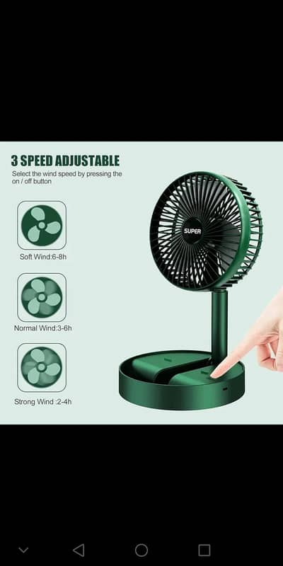 Rechargeable green desk fan with base and foldable design