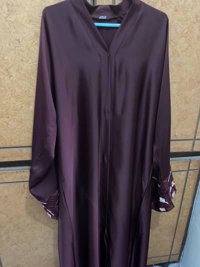 New Maroon Simple Abaya with Sleeves Embroidery - Premium Nida Fabric