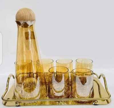 Luxury Amber Glass Water Carafe & Tumbler Set with Golden Serving Tray