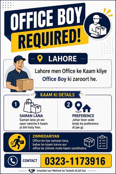Office Boy Required – Lahore (Blueward Area)