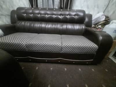 Classic Tufted Leatherette & Woven Fabric 6-Seater Sofa Set (3+2+1)