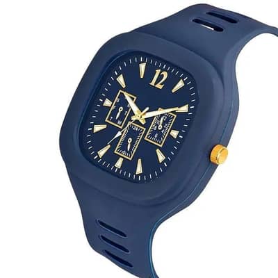 blue analog watch with gold accents for men
