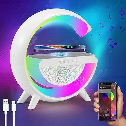 Description  5-in-1 Smart G-Type RGB Night Light Bluetooth Speaker with 15W Wireless Charger, FM Radio, and Multiple Playback Modes (Aux/TF/USB)