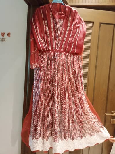 Designer maroon party wear frock with dopetta and trouser. . . like new