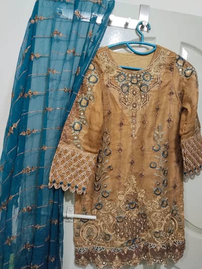 golden 3 piece with chiffon dupatta