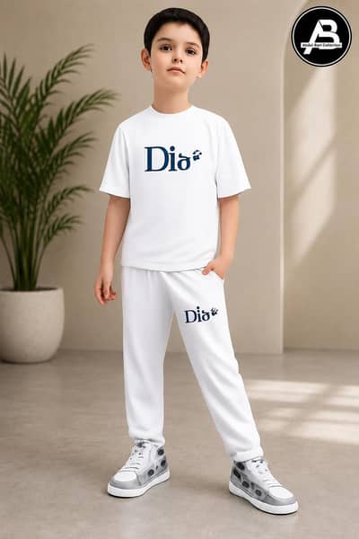 Kids White “Dio” Printed T-Shirt & Trouser Set