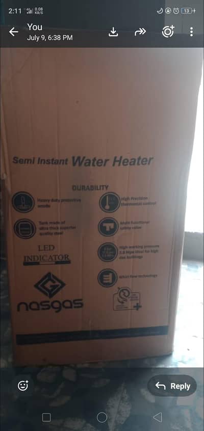 Nasgas 60 Liter Semi Instant Water Heater - Brand New - Sealed Pack
