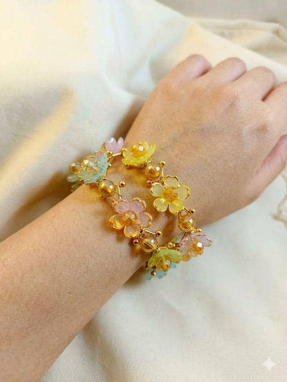 Korean Style Multi Flower Bangles – Handmade Crystal & Pearl Gajra Bracelet – Aesthetic Gold Wire Jewellery for Girls & Wedding Gift"