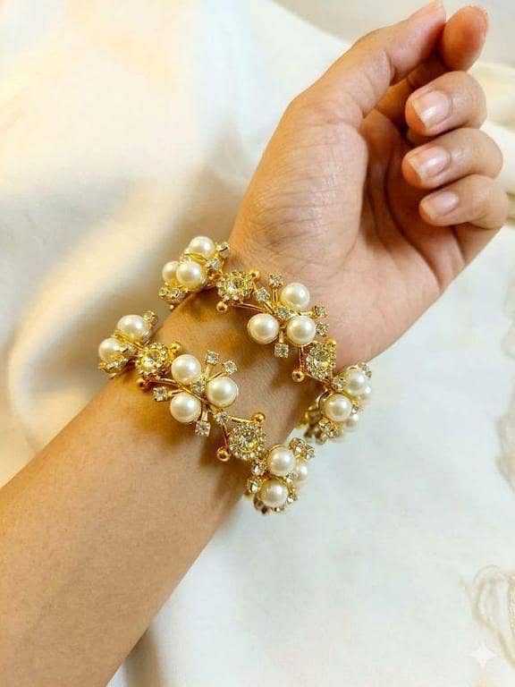 White Pearl Gajra Bangles for Women – Handmade Golden Wire Floral Kada Bracelet – Elegant Bridal Wedding Jewellery & Party Wear Gift