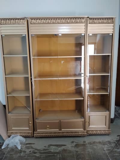 Solid Wooden Showcase / Crockery Cabinet (3-Piece Glass & Wood Almari)