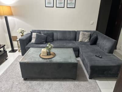 Grey Aesthetic L shape Sofa with large table and 6 cushions
