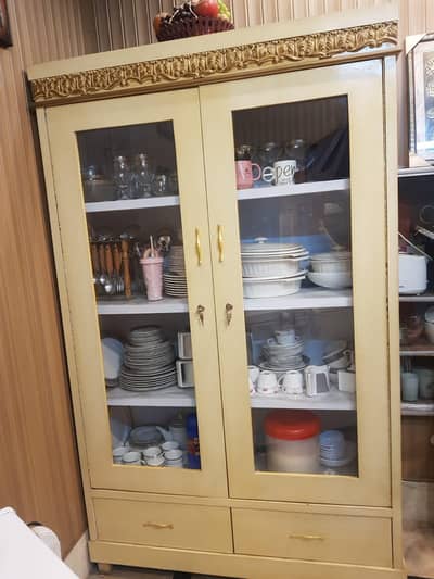 Classic Cream Color & Gold Carved Crockery Showcase