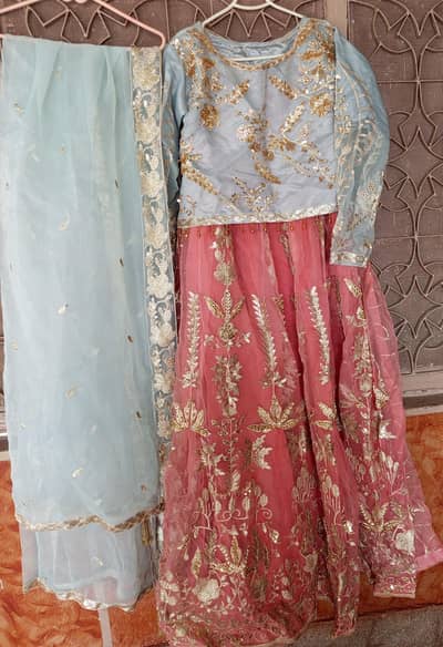 Embroidered 3-Piece Gown Style Maxi - Pink&sky Blue - Party Wear