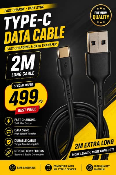2M Type-C Data Cable  Fast Charger & Data transfor USB to Tyoe-C Cable