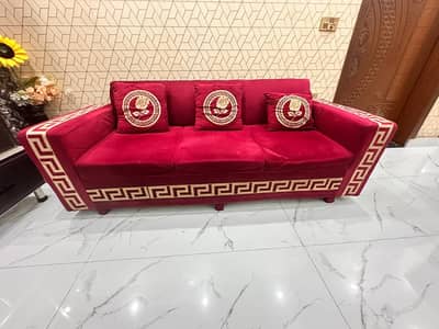 Luxury Velvet Sofa Set - Maroon with Golden Greek Key Design