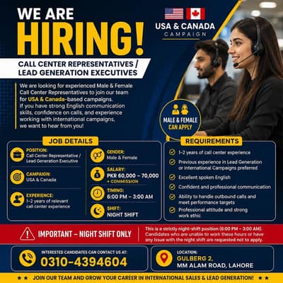Call Center Male & Female Staff Required – USA/Canada | Gulberg