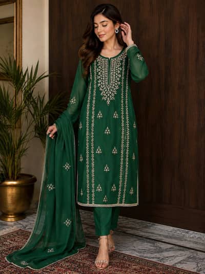 Emerald Gotta Crinkle Chiffon 3-Piece Ensemble, wedding and party wear