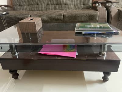 Wooden Sofa Set + Glass Top Coffee Table