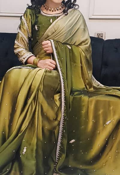 olive green double shade silk saree for formal wear/ mehndi bride