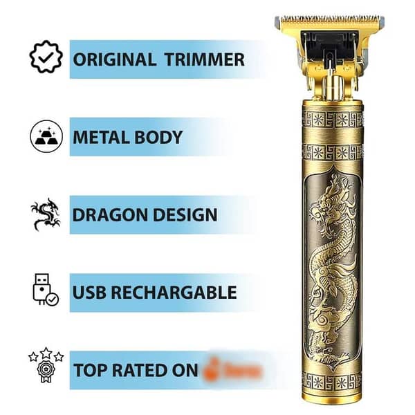 Professional Vintage T9 Hair Trimmer – Engraved Dragon Metal Body – Zero-Gapped T-Blade Cordless Grooming Kit for Men (Gold/Bronze Edition)