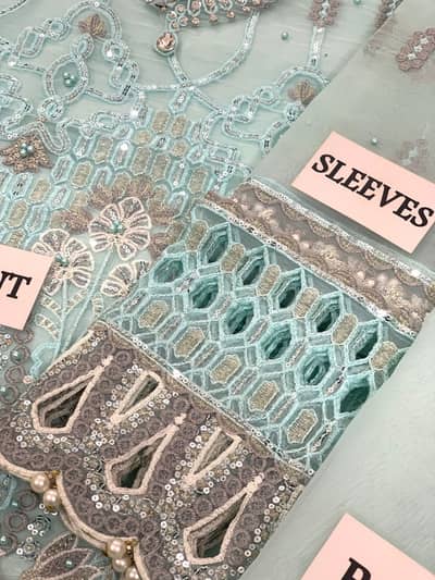 Luxury Mint Green Embroidered Neckline Fabric – Heavy Sequin & Stone W