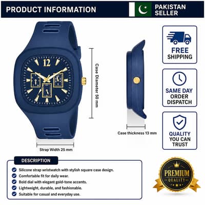 Men's Luxury Blue Silicone Strap Wristwatch 50mm Large Square Dial Go