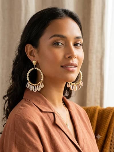 White Beaded Shell Hoop Earrings