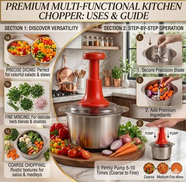 )4-in-1 Multi-Functional Stainless Steel Manual Kitchen Chopper – Heavy Duty Vegetable Dicer, Mincer & Meat Grinder – Smart Hand Press Plunger Design for Fast & Effortless Cooking!