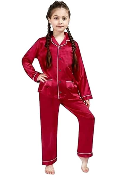 Girls Satin Silk Night Suit - Maroon 2 Piece Pajama Set