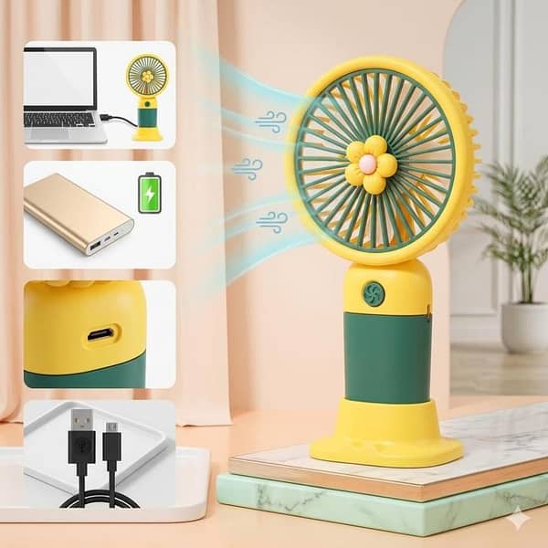 Premium 3-Speed Rechargeable Mini Handheld Fan with Fast Type-C Charging & Mobile Stand – Powerful Cooling in Aesthetic Flower Design