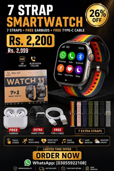 7 Strap SmartWatch + Free Earbuds & Type C Cable