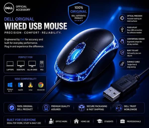 Dell Original Wired USB RGB Optical Mouse | High Precision 1000 DPI | Plug & Play | Ergonomic Silent Mouse for Laptop, PC, Desktop & Computer | Windows 11/10, macOS, Linux & Chrome OS Compatible