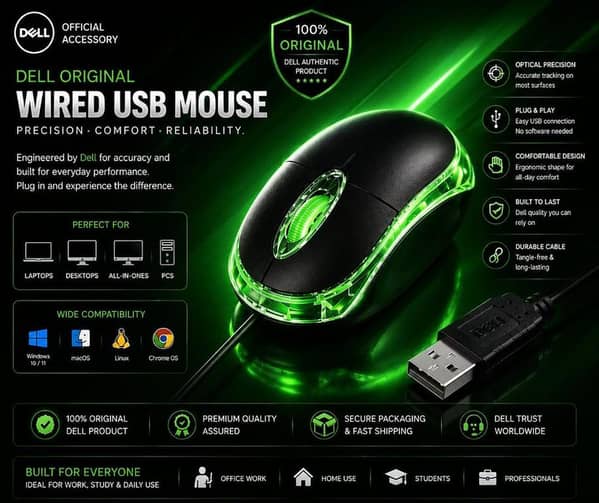 Dell Original Wired USB RGB Optical Mouse | High Precision 1000 DPI | Plug & Play | Ergonomic Silent Mouse for Laptop, PC, Desktop & Computer | Windows 11/10, macOS, Linux & Chrome OS Compatible