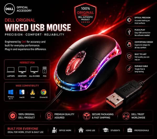 Dell Original Wired USB RGB Optical Mouse | High Precision 1000 DPI | Plug & Play | Ergonomic Silent Mouse for Laptop, PC, Desktop & Computer | Windows 11/10, macOS, Linux & Chrome OS Compatible