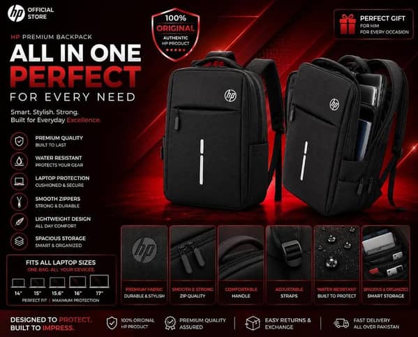 HP Original Premium Laptop Backpack | Water Resistant Shockproof Anti-Theft Business Travel Laptop Bag with USB Charging Port | Fits 14", 15", 15.6", 16" & 17" Inch Laptops Office, College, School, University & Travel | Black