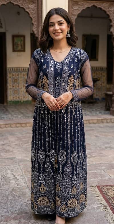 fancy navy blue embroidered maxi dress for wedding/party wear.