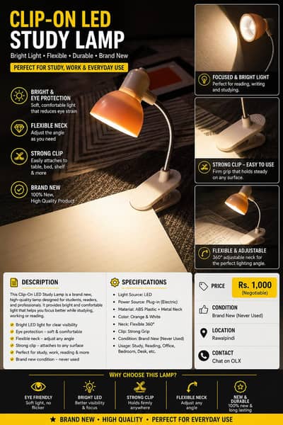 Brand New Clip-On LED Study Lamp | Flexible Neck | Strong Clip
