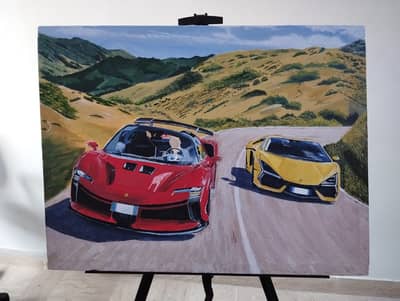 Hand Painted Ferrari SF90 & Lamborghini Revuelto Acrylic Painting