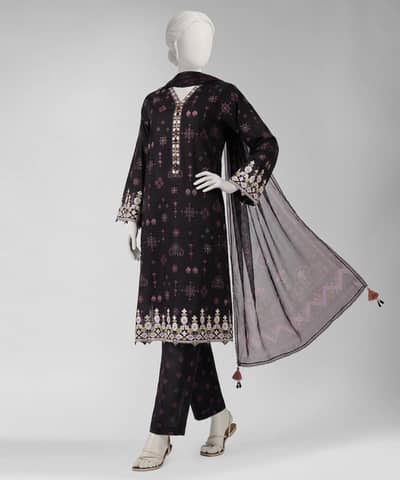 3-Piece Unstitched Printed Suit (Dark Purple/Black)