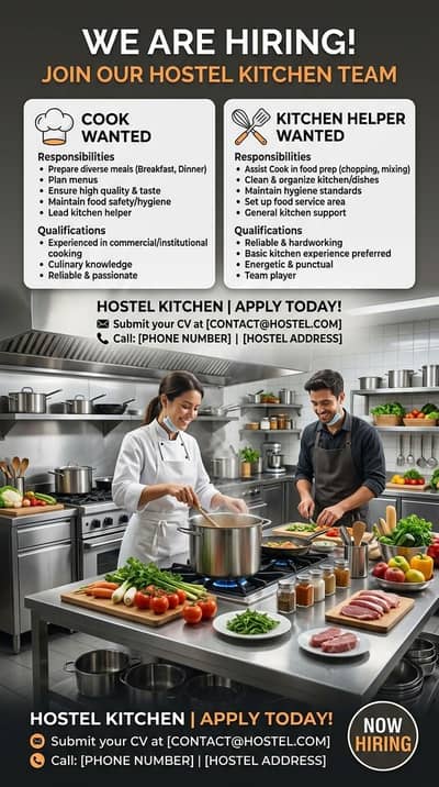 Need Experience Cook and Helper for Hostel